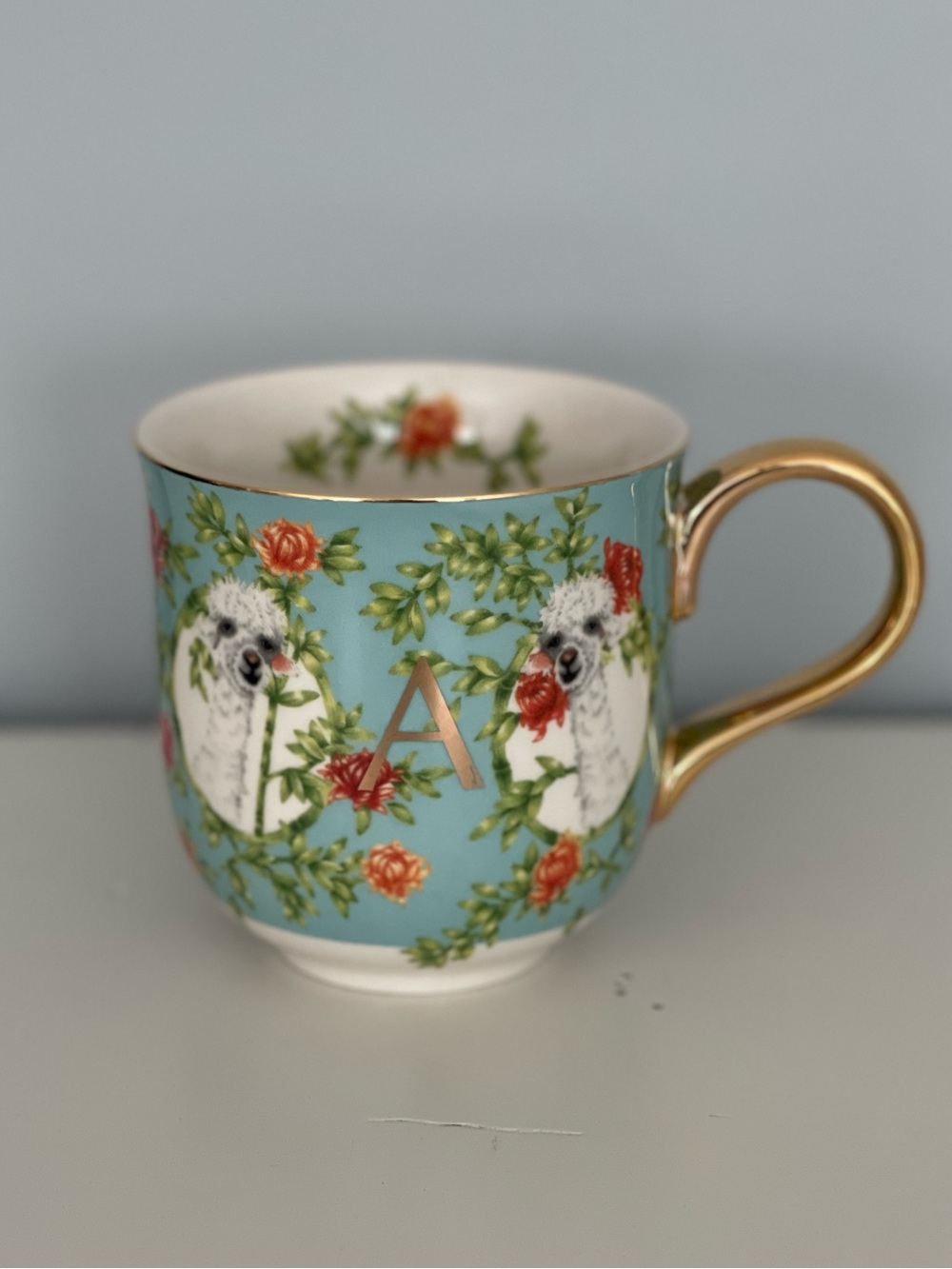 Anthropologie Lou Rota Monogram A Alpaca Mug Gold Handle